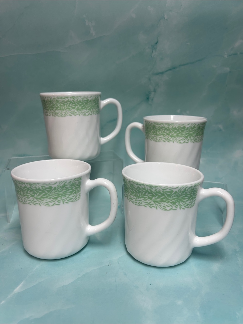 ARC France White Ceramic Mugs with Green Leaf Band 10 oZ - Set of 4